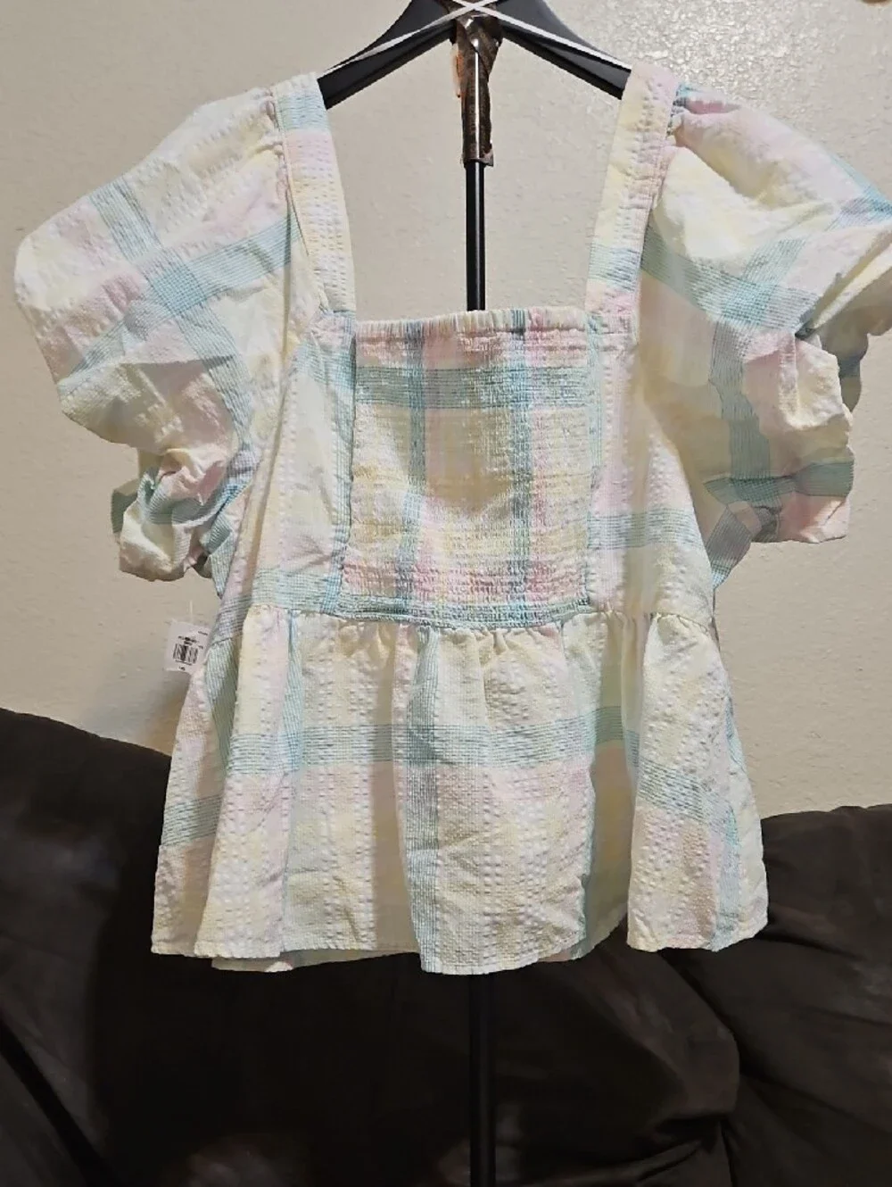 Old Navy Pastel Plaid Puff-Sleeve Peplum Top - Cream, Mint, Pink, Yellow